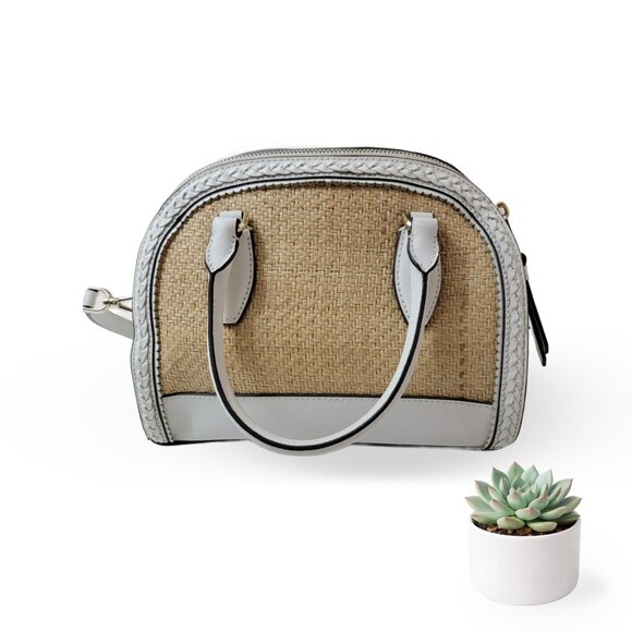 Kate Spade ♠️ White Leather & Woven Straw Dome Satchel Crossbody Gold Hardware - Picture 2 of 14